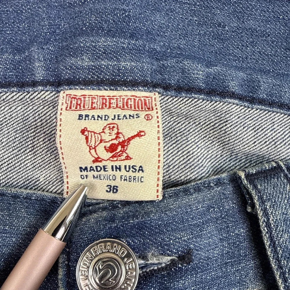 True Religion JEANS 36 Slim Fit Straight Blue Denim Flap Pockets Logo Button NWT